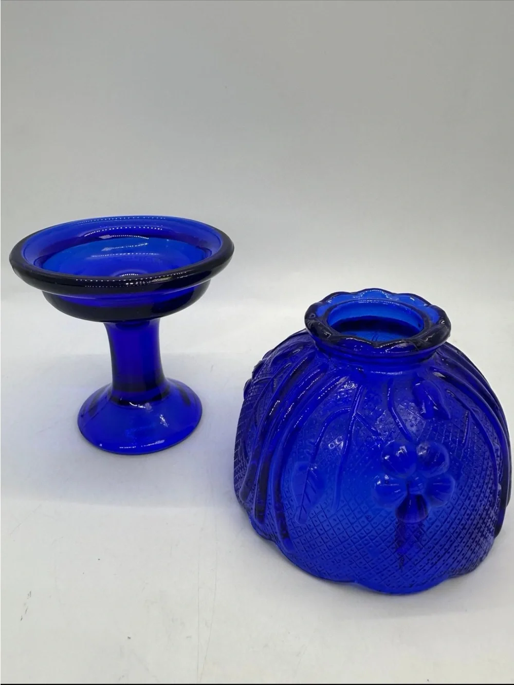 Cobalt Blue Glass Fairy Lamp Light 2pc embossed glass flowers Vintage